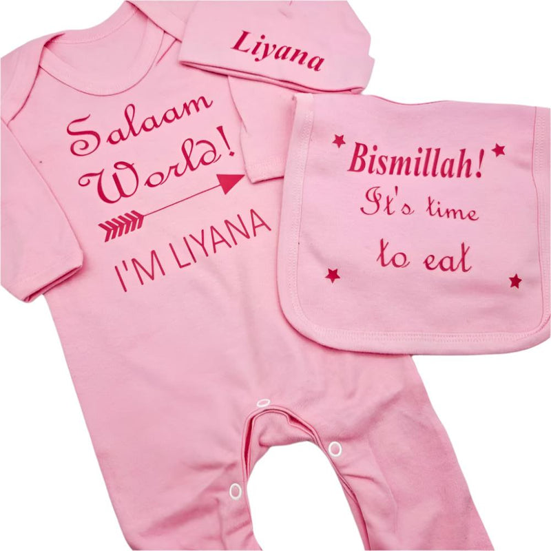 Personalised Unisex Baby Sleepsuit, Bib & Hat Gift Set