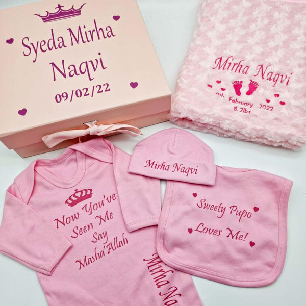 Personalised Baby Girl 4 Piece Gift Set with box, Baby Shower Gift, New Baby Gift