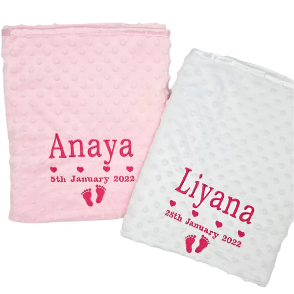 Personalised Pink/White Bubble Blanket for new Babies, with birthdate