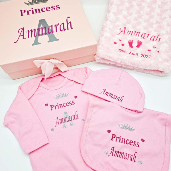 Personalised  Baby Girl 4 Piece Gift Set with box, Baby Gift