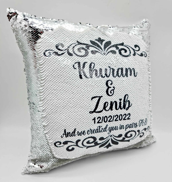 Personalised Flower Design Wedding Sequin Cushion Gift