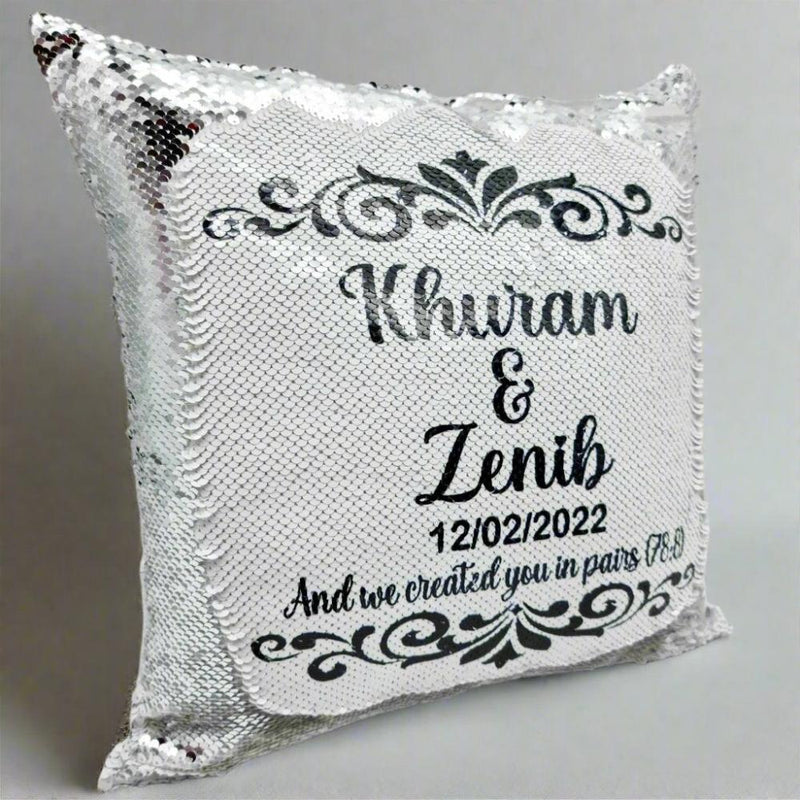 Personalised Flower Design Wedding Sequin Cushion Gift