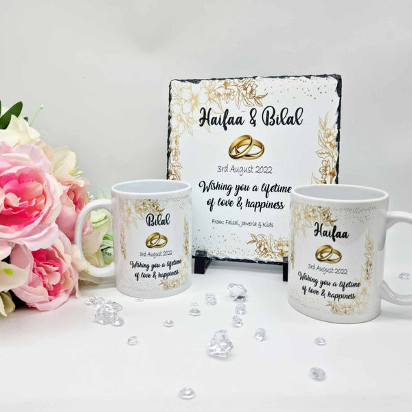 Mr & Mrs  Wedding Rock Slate & Mugs Set Gift