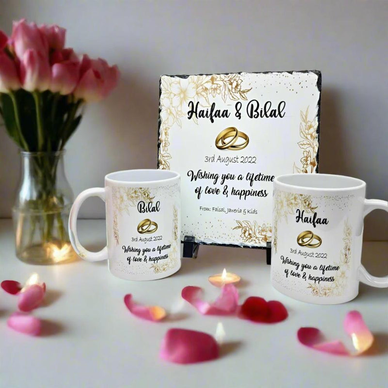 Mr & Mrs  Wedding Rock Slate & Mugs Set Gift