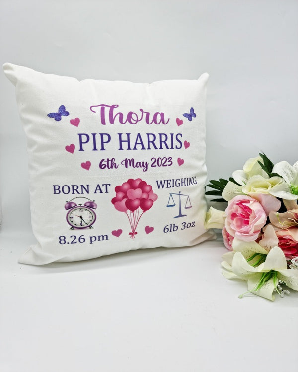 Personalised Baby Girl Cushion- Date, Weight & Time