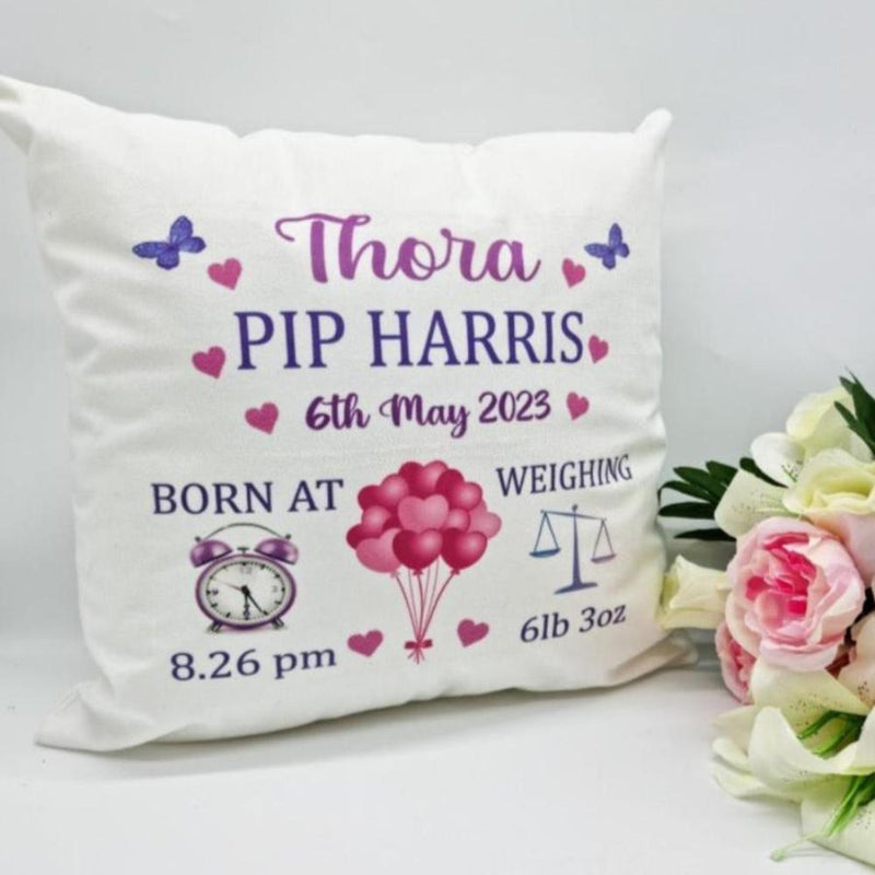 Personalised Baby Girl Cushion- Date, Weight & Time