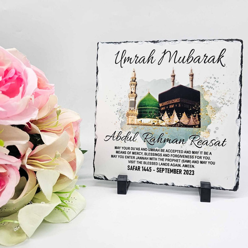 Umrah Hajj Mubarak Slate & Mug Set ,  Personalised Islamic Gift Rock Slate