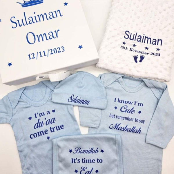 Personalised Baby Boy Blue Unisex 5 Piece Baby Gift Set