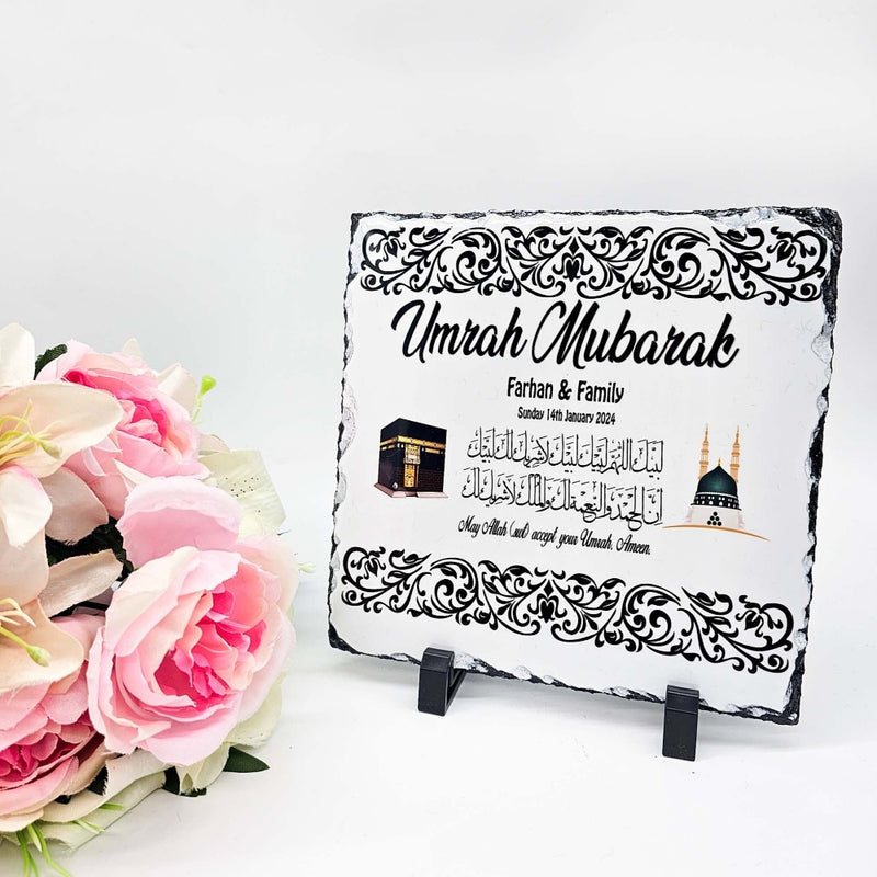 Umrah Hajj Mubarak Slate & Mug Set ,  Personalised Islamic Gift Rock Slate