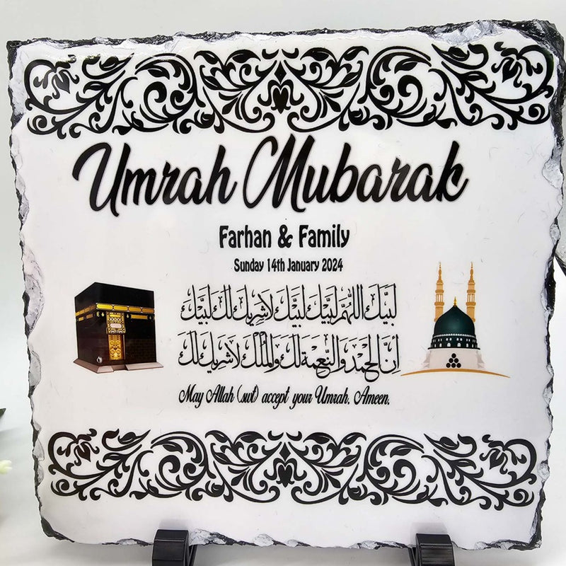 Umrah Hajj Mubarak Slate & Mug Set ,  Personalised Islamic Gift Rock Slate