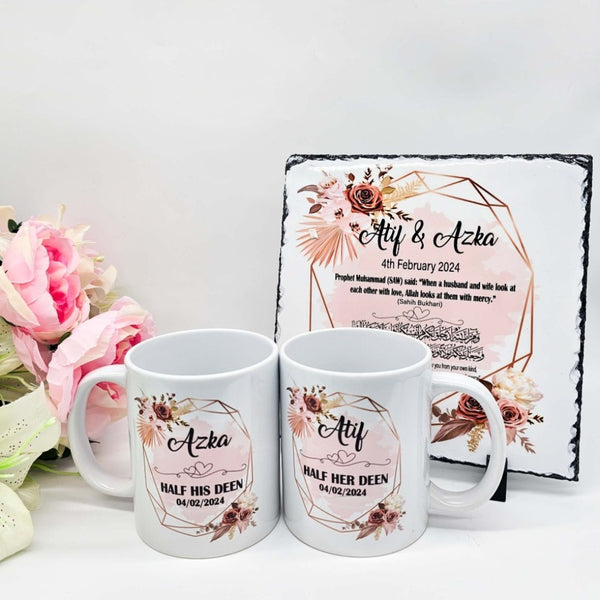 Personalised Wedding/Anniversary Mr & Mrs Couple Rock Slate & Mugs Set