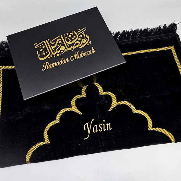 Black/Navy/Maroon/Turquoise Blue  Personalised Prayer Mat with Black  Ramadan Mubarak Gift Box