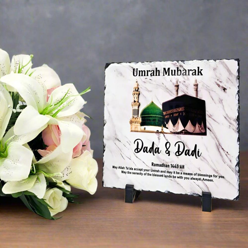 Umrah Hajj Mubarak Slate & Mug Set ,  Personalised Islamic Gift Rock Slate