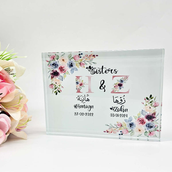 Personalised Best Sisters Floral Pink New Baby Girl Crystal Glass Frame Gift