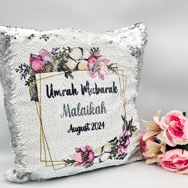 Umrah Mubarak Sequin Cushion, Umrah Gift