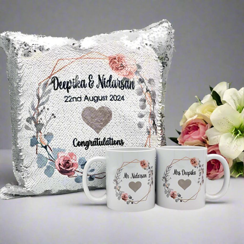 Grey Floral Border Wedding Cushion & Mugs Set