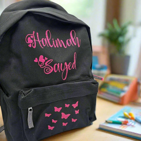 Personalised  Black Butterfly Kids Backpack, with pink glitter writing