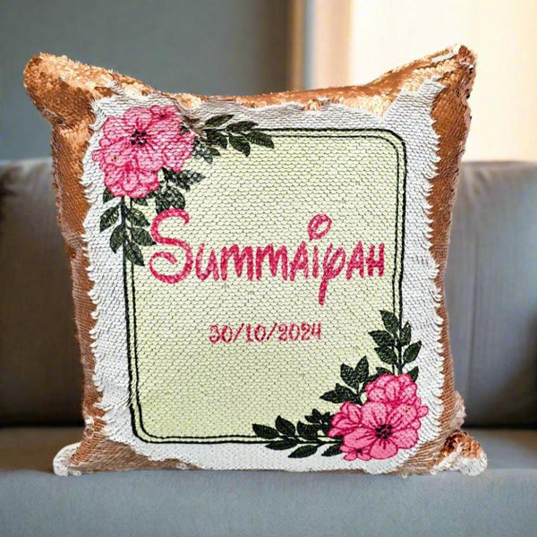 Personalised Rose Gold Sequin Cushion, Floral Design, New Baby Gift,