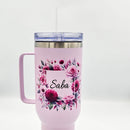 Personalised 40oz Stainless Steel Tumblers, floral design tumbler with sliding lock lid, metal straw