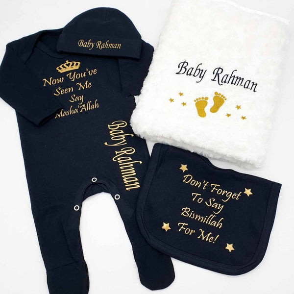 Unisex Personalised Baby 4 Piece Gift Set With Blanket