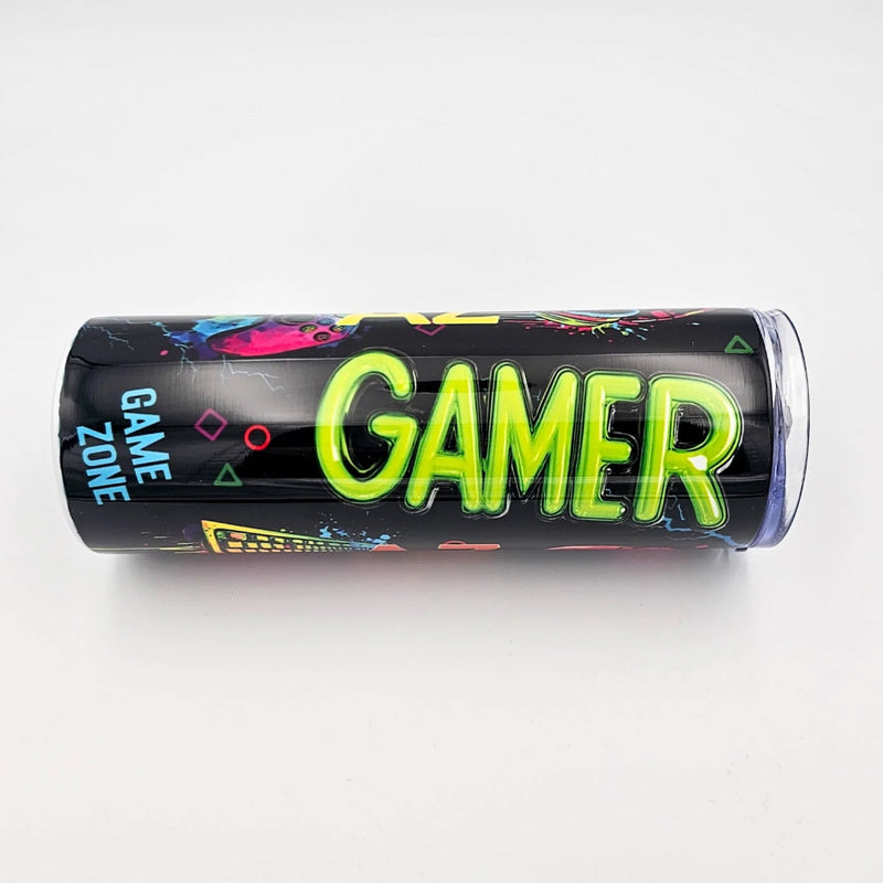 Personalised 600ml Stainless Steel Tumblers Gamer Design, gamer 20z tumbler with sliding lock lid, metal straw