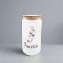 Personalised 18oz Iced Coffee Cup Floral Retro, Custom Can Glass with Lid and Straw, Glass Cup, Bridesmaid Gift, Eid Gift