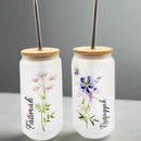 Personalised 18oz Iced Coffee Cup Floral Retro, Custom Can Glass with Lid and Straw, Glass Cup, Bridesmaid Gift, Eid Gift