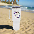 Personalised 40oz Stainless Steel Tumblers, floral design tumbler with sliding lock lid, metal straw, gifts for her