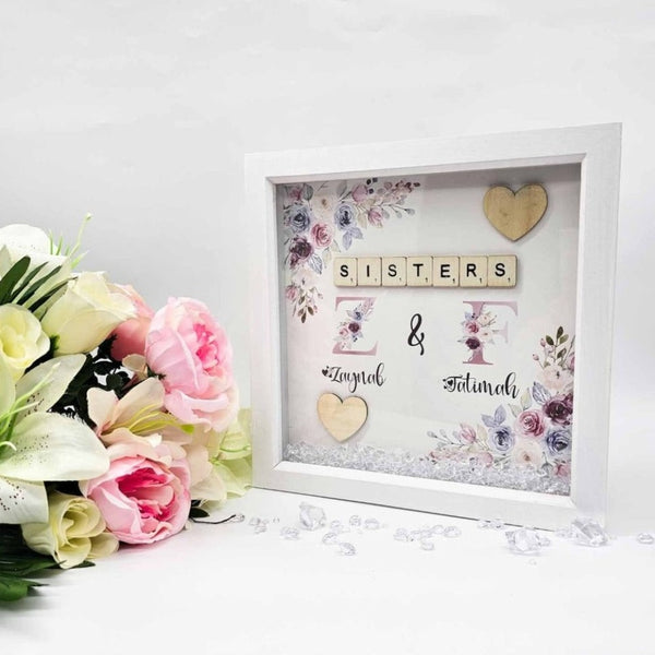 Personalised Scrabble Sisters Frame Gift for New Baby & Siblings