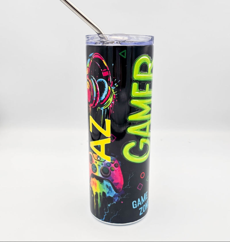 Personalised 600ml Stainless Steel Tumblers Gamer Design, gamer 20z tumbler with sliding lock lid, metal straw