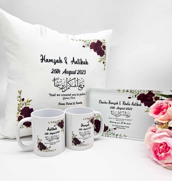 Personalised Wedding Sequin Cushion, Glass Frame & Mugs Gift Set