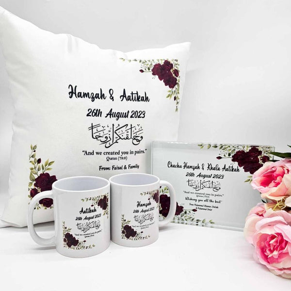 Personalised Wedding Sequin Cushion, Glass Frame & Mugs Gift Set