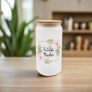 Personalised 18oz Iced Coffee Cup Floral Retro, Custom Can Glass with Lid and Straw, Glass Cup, Bridesmaid Gift, Eid Gift