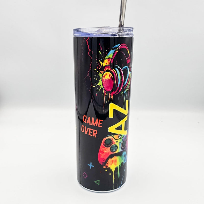 Personalised 600ml Stainless Steel Tumblers Gamer Design, gamer 20z tumbler with sliding lock lid, metal straw