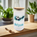 Personalised 18oz Iced Coffee Cup Football, Custom Can Glass with Lid and Straw, Glass Cup, Birthday Gift, Eid Gift