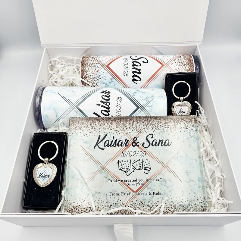 Personalised Wedding Couple Gift Box with Frame, Keyrings & Tumblers. Gifts For Bride & Groom, anniversary gift