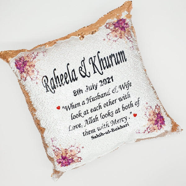 Floral Border Wedding Sequin Cushion