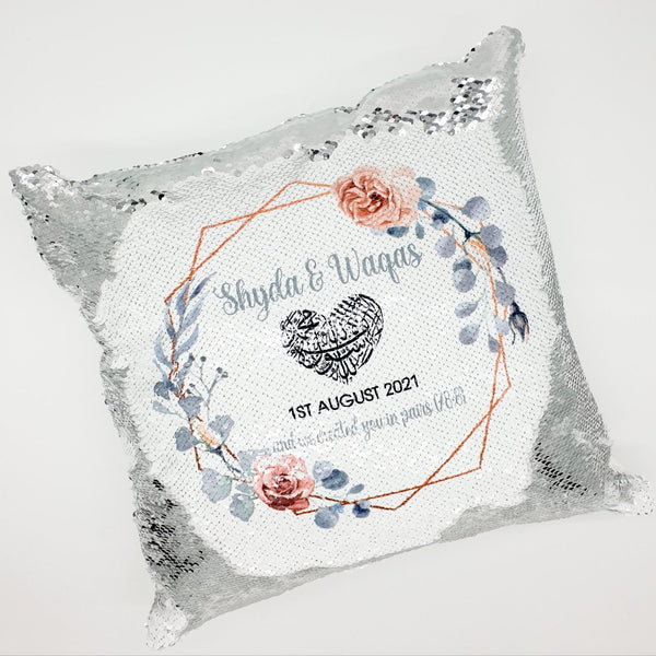 Flower Design Wedding Sequin Cushion