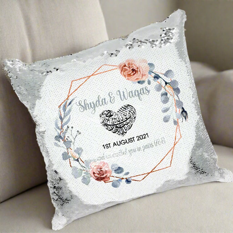 Flower Design Wedding Sequin Cushion