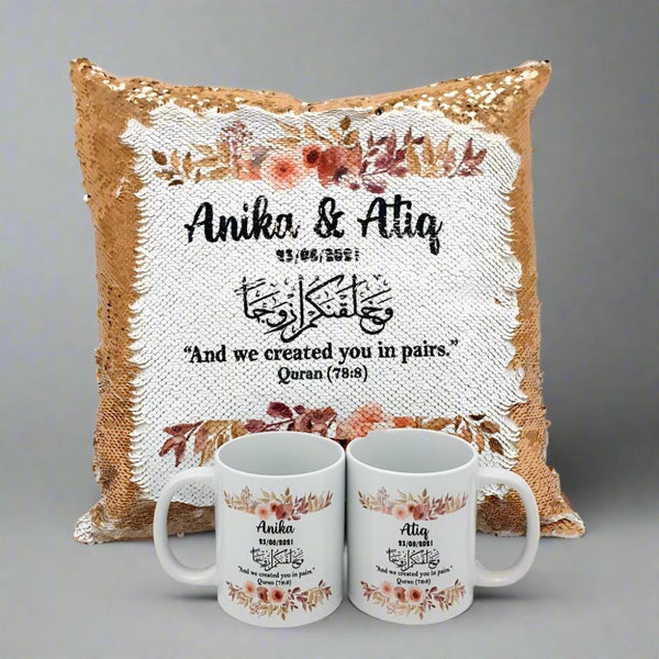 Floral Border Wedding Cushion & Mugs Set