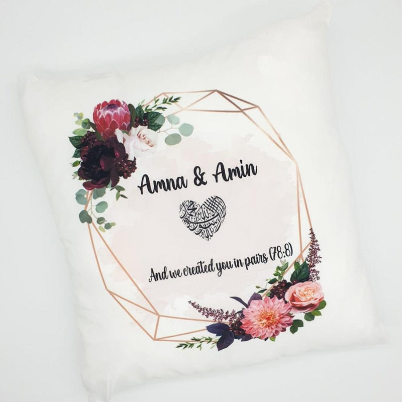 Personalised White Wedding Cushion-Pink Floral Design