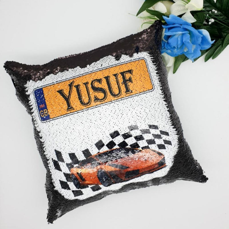 Kids Racing Car Sequin Cushion