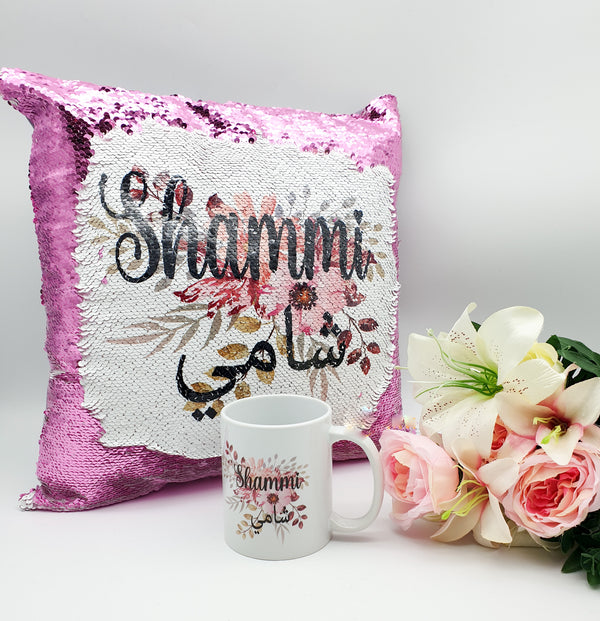 Kids Sequin Cushion- Floral Design Mug & Cushion Set
