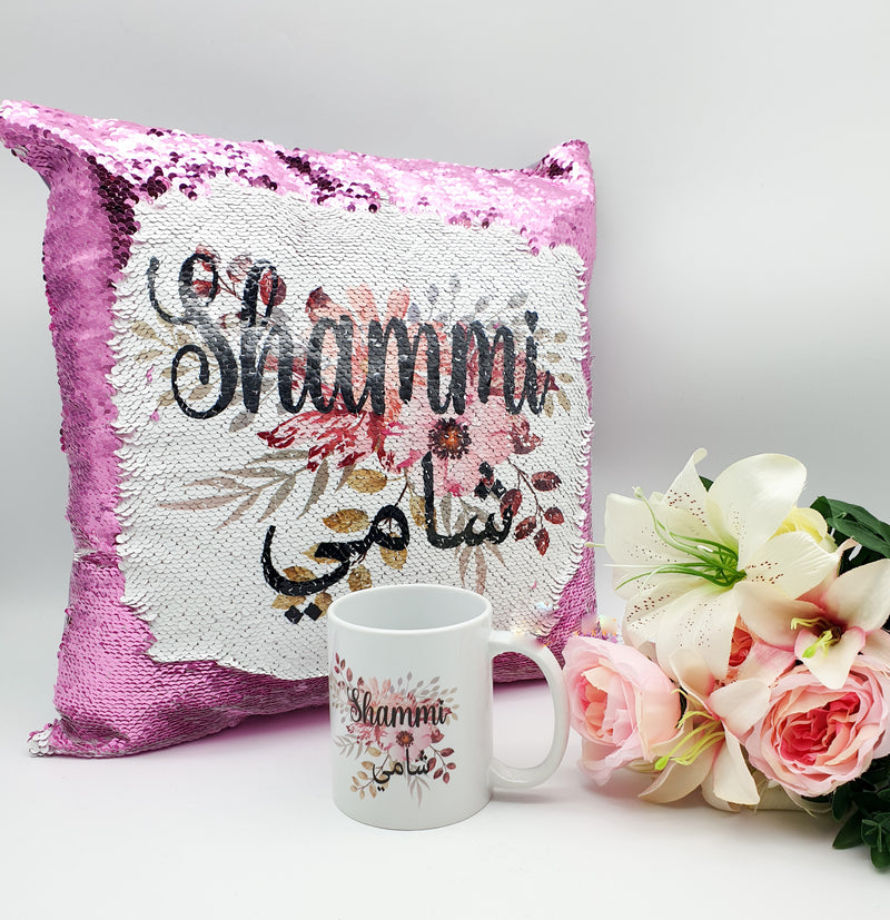 Kids Sequin Cushion- Floral Design Mug & Cushion Set