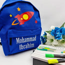 Personalised Blue Boy Backpack, Rocket Design