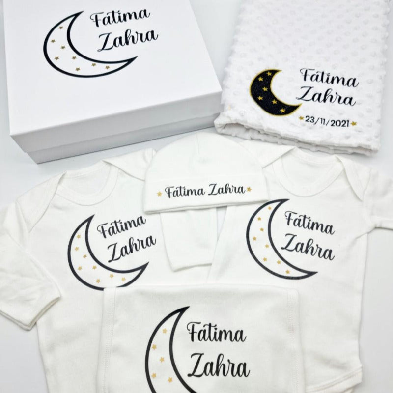 Personalised White Unisex Baby 5 Piece Gift Set With Gift Box, Baby Shower Gift, New Baby Gift