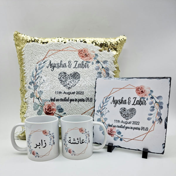 Wedding Sequin Cushion, Rock Slate & Mugs Set