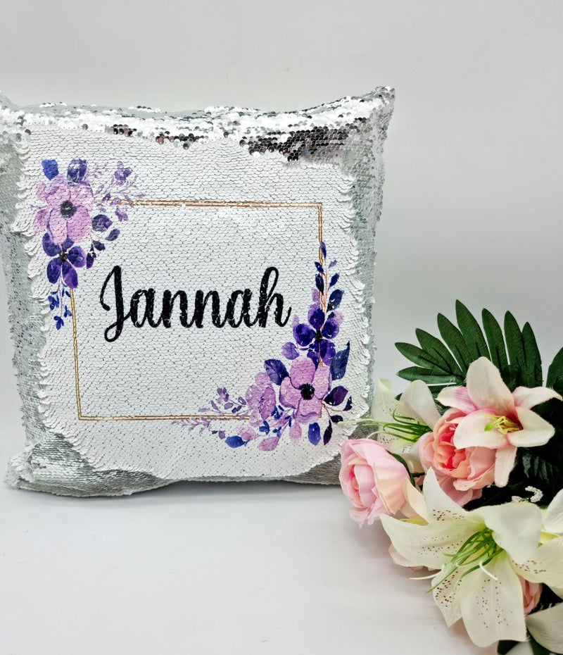 Kids Sequin Cushion- Floral Lilac & Purple Design Cushion