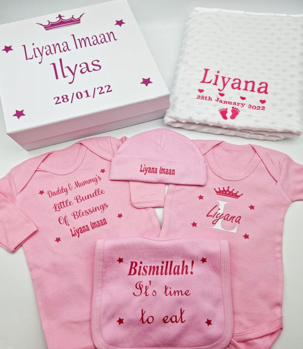 Personalised Baby Girl Pink Unisex 5 Piece Baby Gift Set