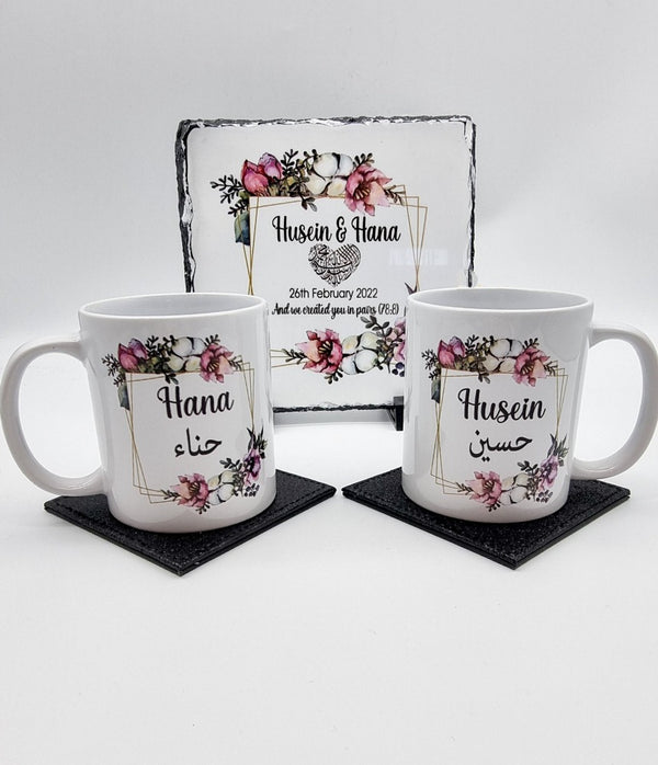 Wedding Personalised Floral Rock Slate & Mugs Set